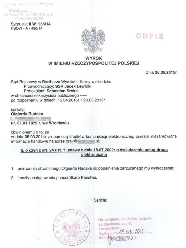 Wniosek o odpis wyroku